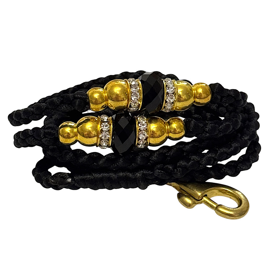 Trela de exposição mosquetão para cães preto com pedras douradas , ideal para ringue e morfologia canina